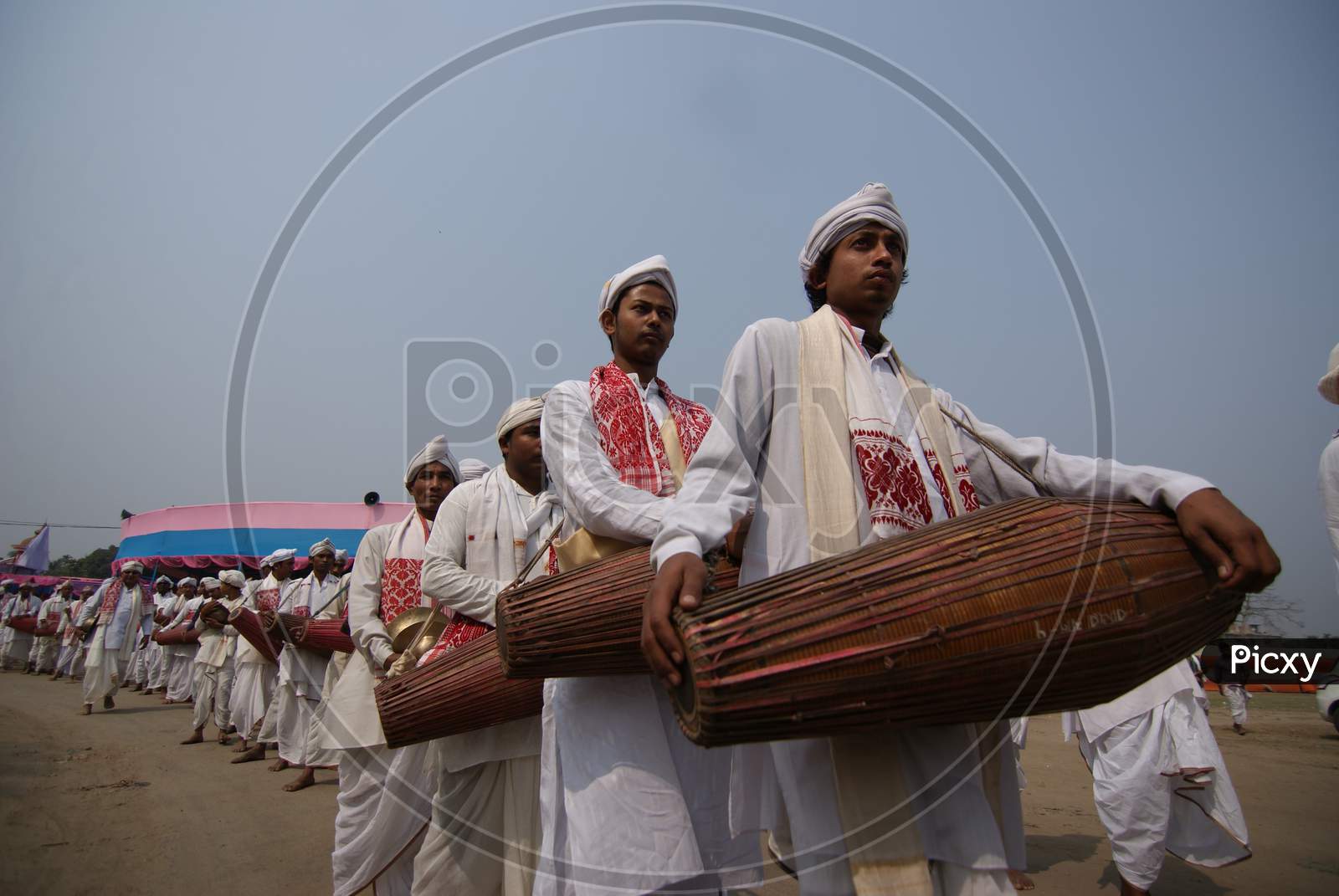 Assam People Dancing With Traditional Drums  in Festival Celebrations
