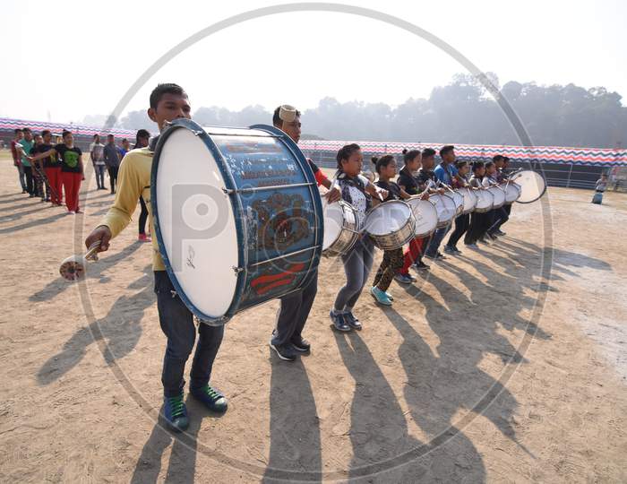 school Students Band Practicing For Republic Day Parade  With Drums in Khanapara, Guwahati, Assam