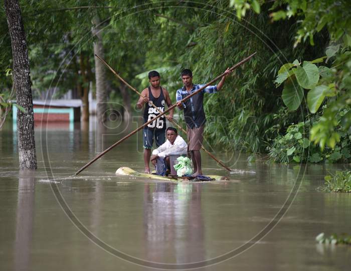 Villagers making Shift Raft Boats To Commute  Over Flooded Villages In Golaghat Region in Assam