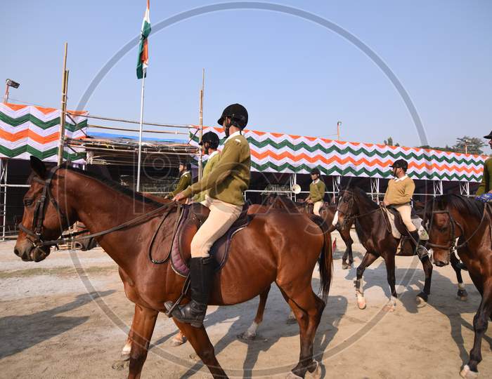 Assam State Police Battalion Practicing  March  on Horses For Republic Day Parade in Khanapara, Guwahati, Assam