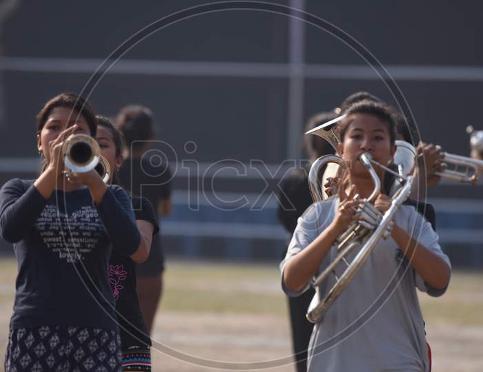 school Students Band Practicing For Republic Day Parade  With Trumpets  in Khanapara, Guwahati, Assam