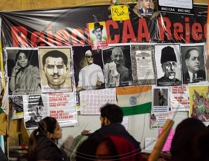 Protesters at Shaheen Bagh put pictures of freedom fighters and other idols, protesting against Citizenship Amendment Act CAA, National Register Of Citizens NRC and National Population Register NPR