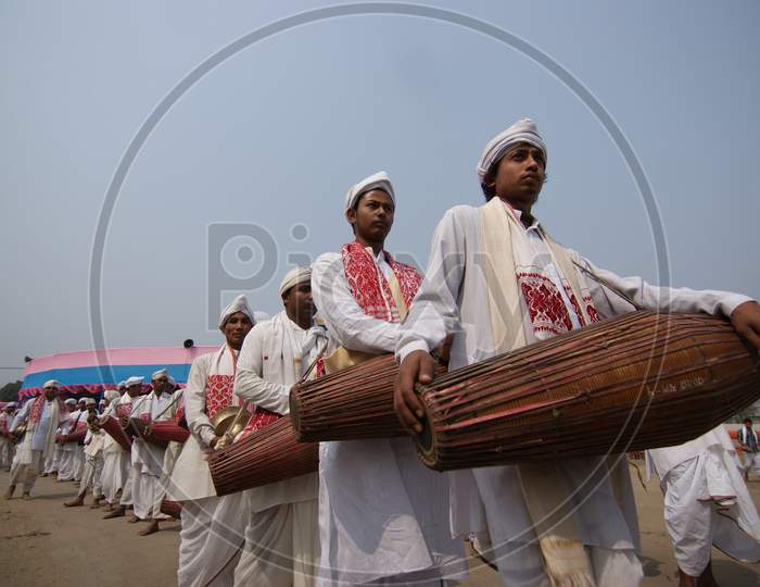 Assam People Dancing With Traditional Drums  in Festival Celebrations