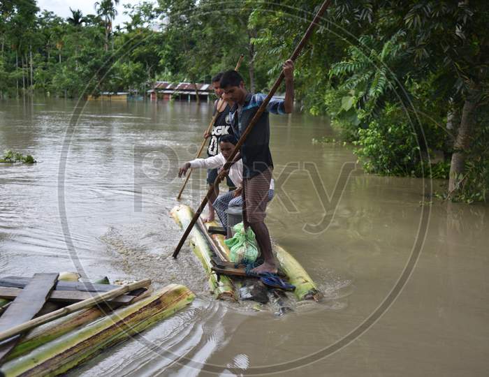 Villagers making Shift Raft Boats To Commute  Over Flooded Villages In Golaghat Region in Assam
