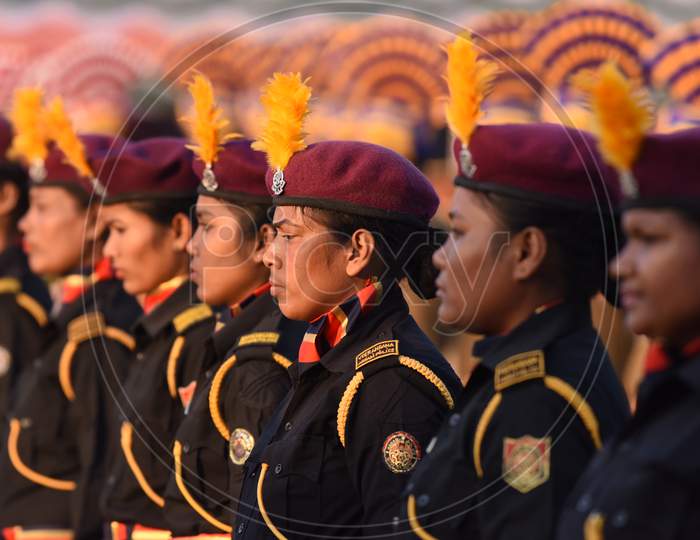 Police And Army  Woman Cadets Practicing  Marching For Republic Day Parade In khanapara, Guwahati, Assam