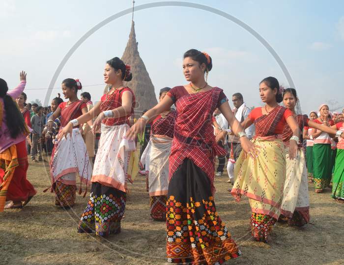 Image of Assam Tribal Woman Performing Bihu Dance During Magh Bihu ...