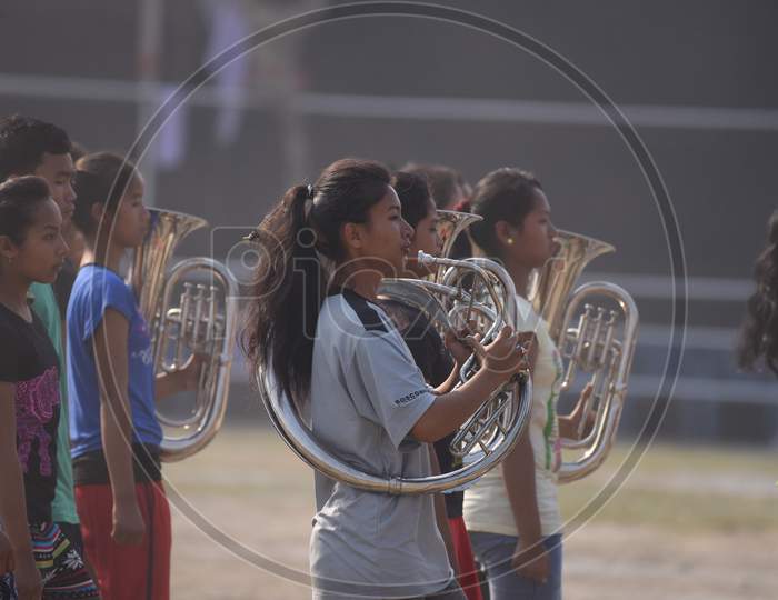 school Students Band Practicing For Republic Day Parade  With Trumpets  in Khanapara, Guwahati, Assam