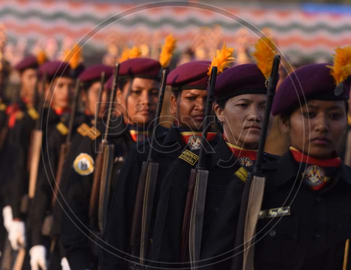 Police And Army Woman  Cadets Practicing  Marching For Republic Day Parade In khanapara, Guwahati, Assam