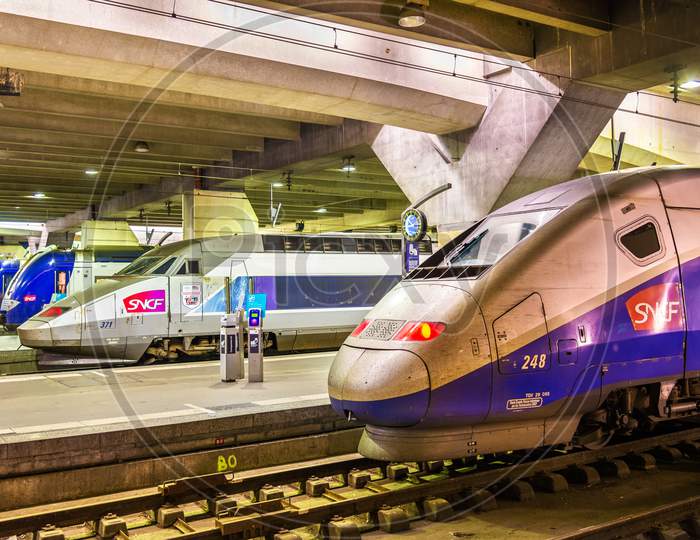 High-Speed Tgv Trains At Montparnasse Railway Station