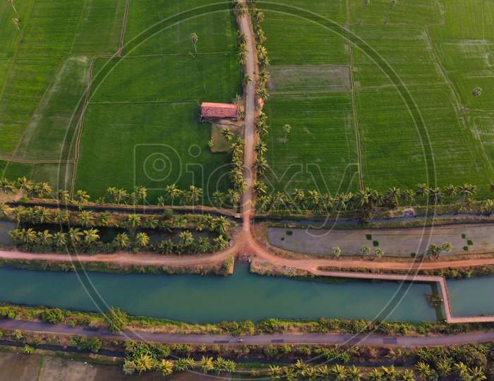 Aerial Shot of Godavari River Channel with agricultural lands