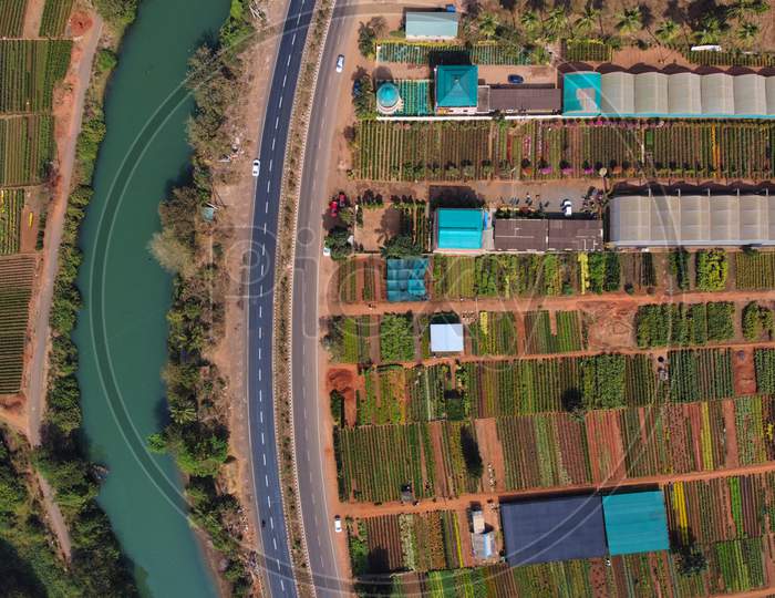 Aerial Shot of Kadiyam Flower & Tree Plantation with Godavari & National Highway