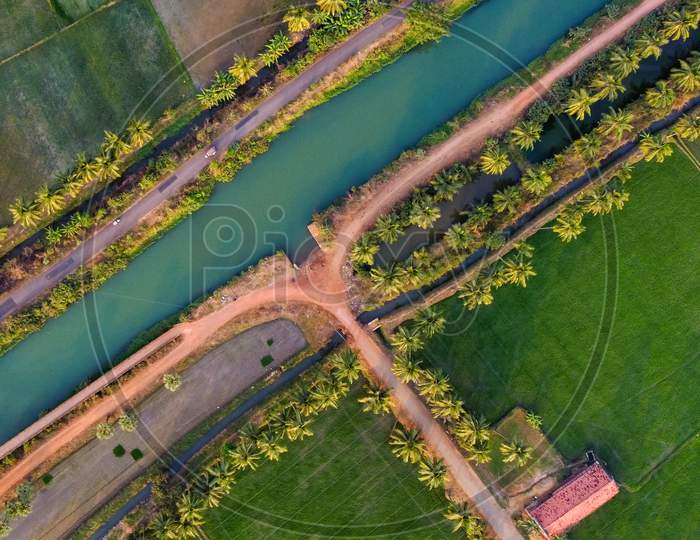 Aerial Shot of Godavari River Channel with agricultural lands