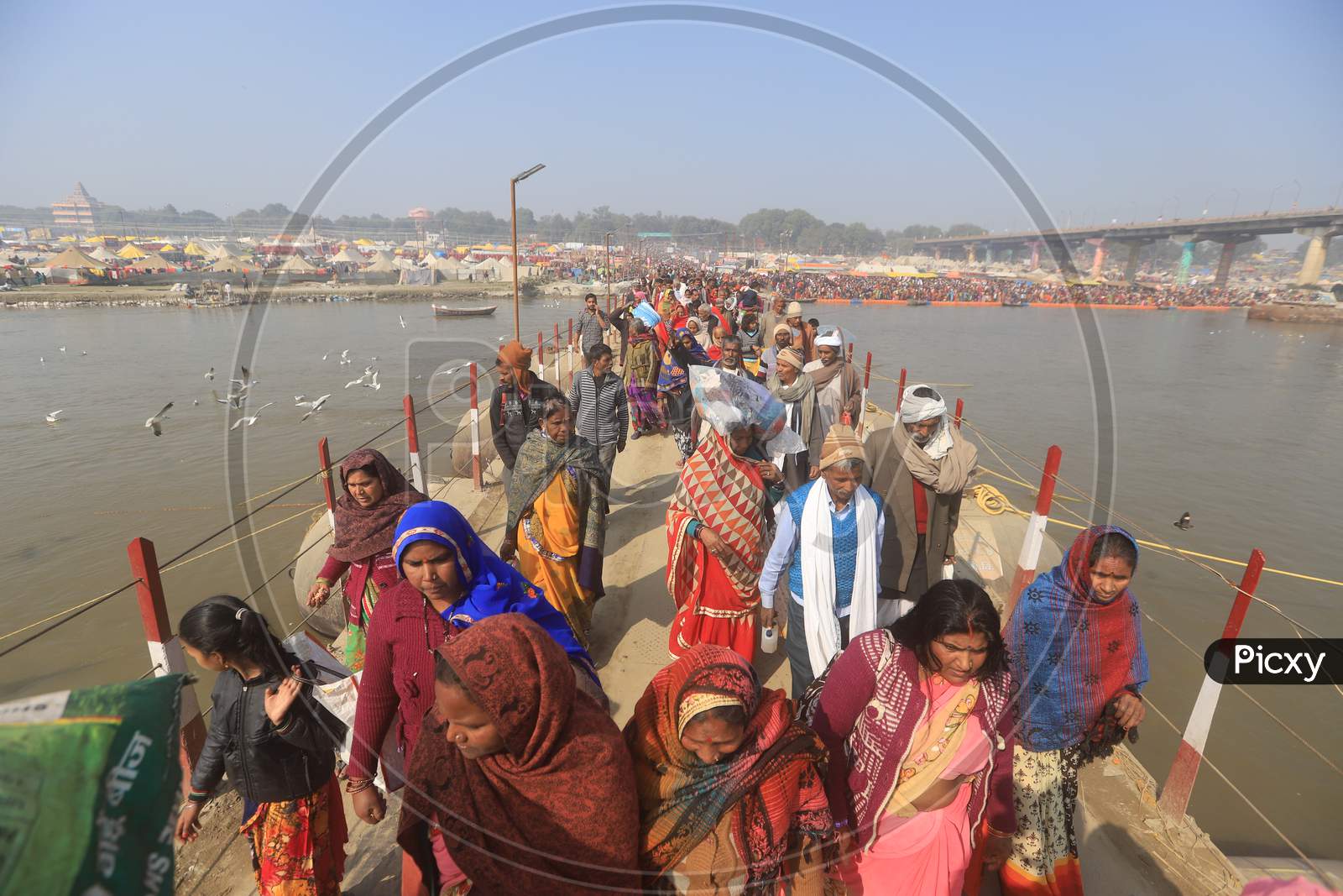 Hindu Devotees Crossing Bridge In Prayagraj  During Magh Mela