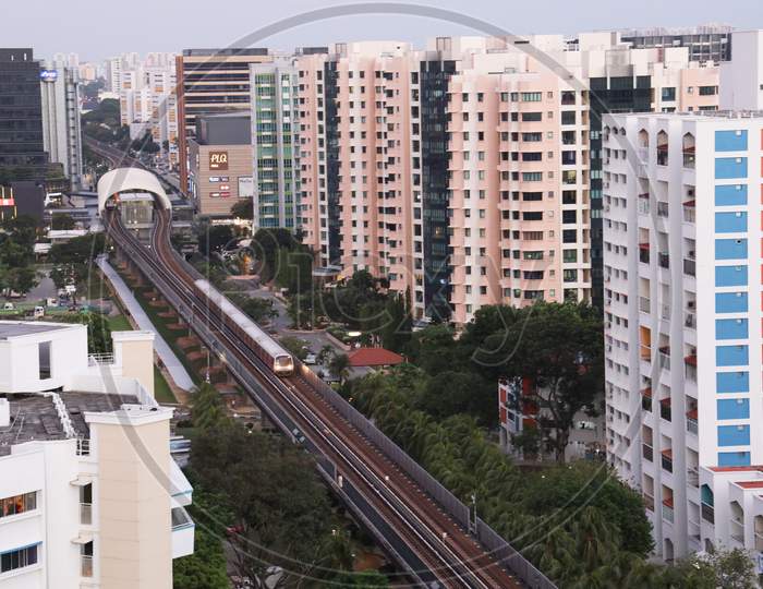 Aerial View Of  High Rise Buildings And  Metro Track  in Geylang , Singapore