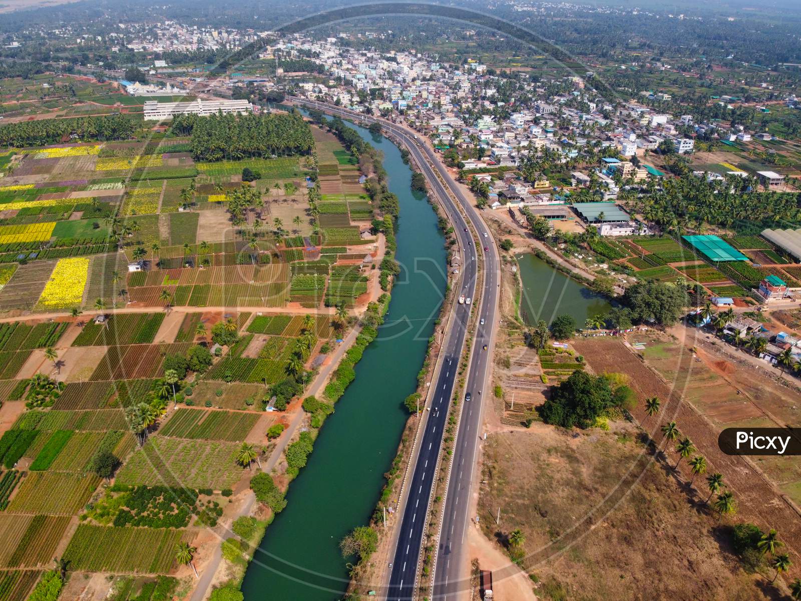 Aerial Shot of Vemagiri with Godavari & National Highway