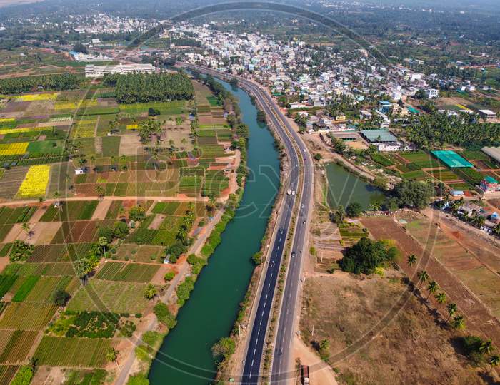 Aerial Shot of Vemagiri with Godavari & National Highway