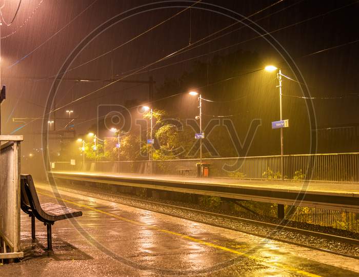 Victoria Park Station In The Rain At Night - Melbourne, Australia