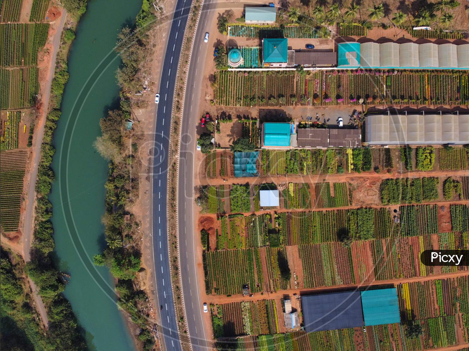 Aerial Shot of Kadiyam Flower & Tree Plantation with Godavari & National Highway