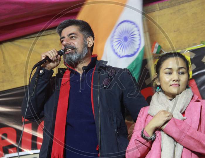 Actor Sushant Singh speaks as he addresses the people who take part a sit-in protest against NRC, CAA AND NPR, at Shaheen Bagh in New Delhi
