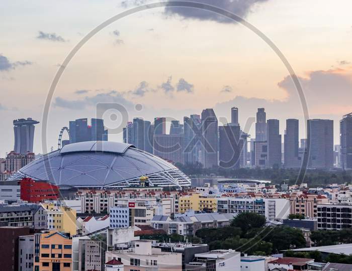 Singapore Stadium and skyline as seen from geylang.