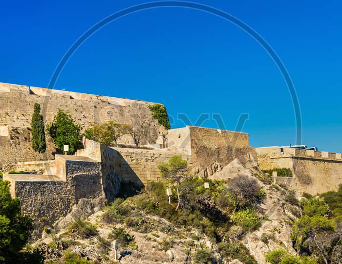 Walls Of Santa Barbara Castle In Alicante, Spain