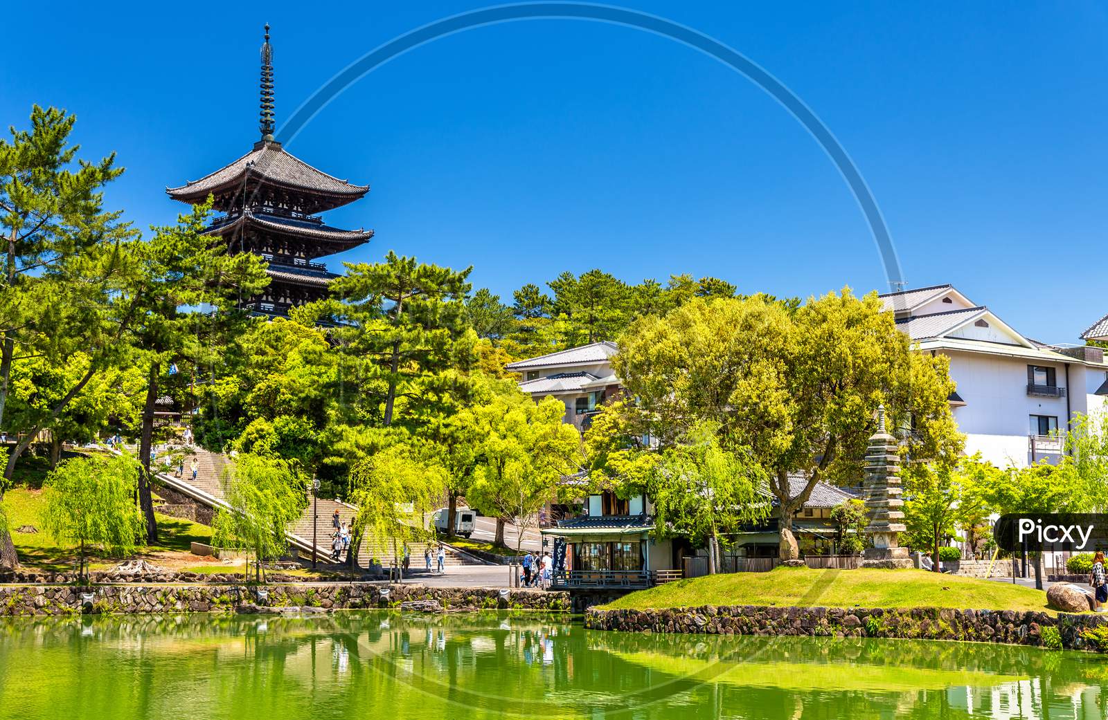 Goju-No-To Five-Storied Pagoda Above Sarusawa-Ike Pond In Nara