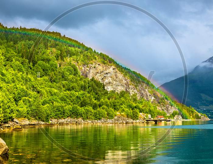 Rainbow Above Nordfjorden Fjord Near Loen - Norway
