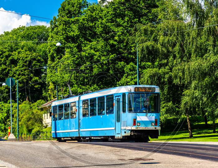 City Tram At Slottsparken Station In Oslo