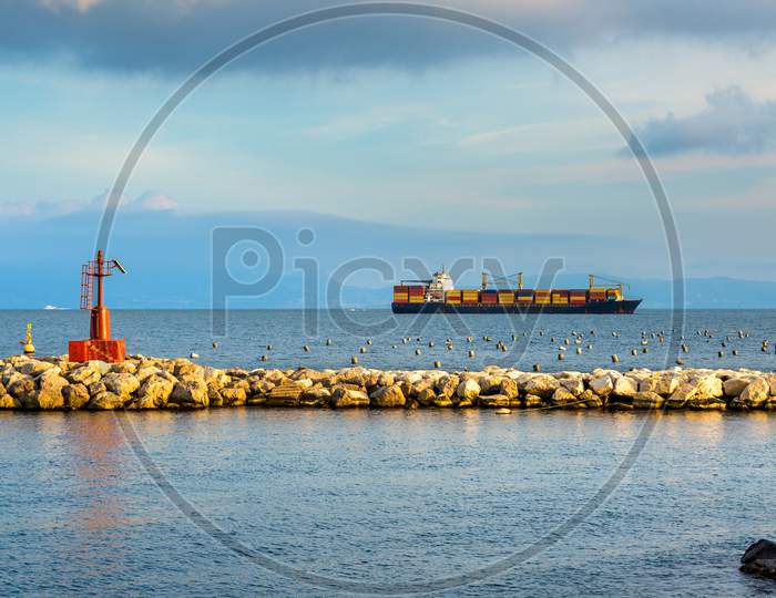 Container Ship In The Gulf Of Naples
