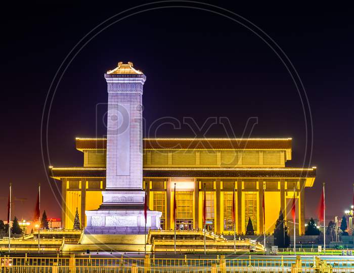 Monument To The People'S Heroes And Mausoleum Of Mao Zedong On Tiananmen Square In Beijing
