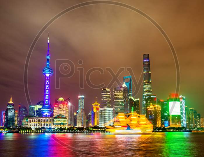 Shanghai Skyline Above The Huangpu River At Night