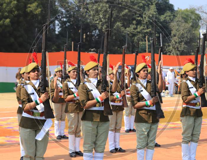 Indian Woman  Police  Participating  In Parade During Republic Day Celebrations