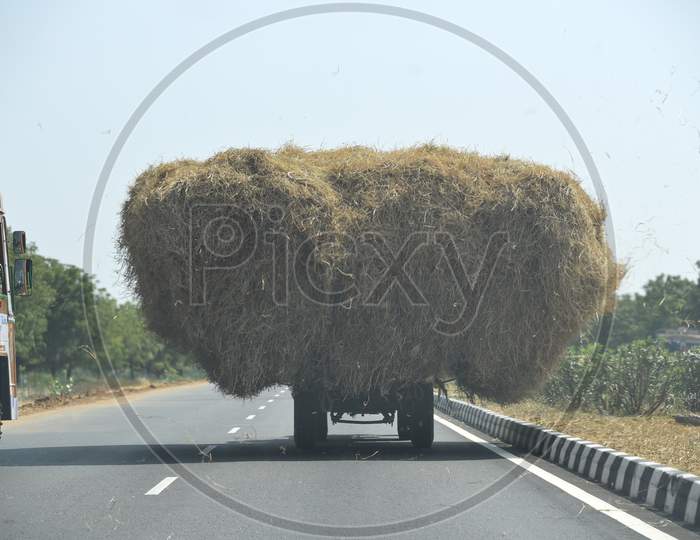A tractor carrying Hay