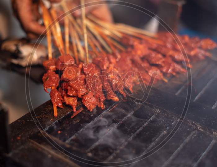 Meat Kabab Sticks  Grilling at a  Street Food Stall
