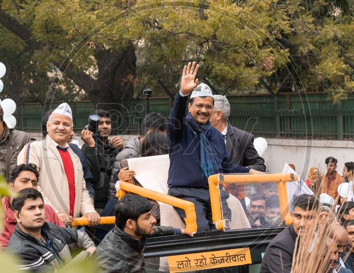 Arvind Kejriwal, national convener of the Aam Aadmi Party AAP, and Manish Sisodia campaigning for Delhi Assembly Election 2020