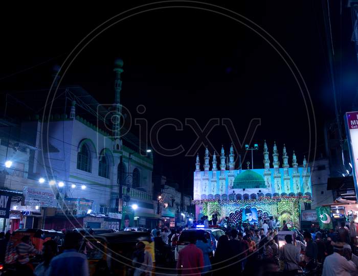 Mosque Decorated With Led Lights During Festival in  Yakutpura, Hyderabad
