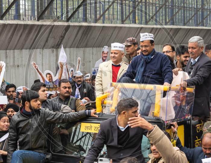 Arvind Kejriwal, national convener of the Aam Aadmi Party AAP, and Manish Sisodia campaigning for Delhi Assembly Election 2020