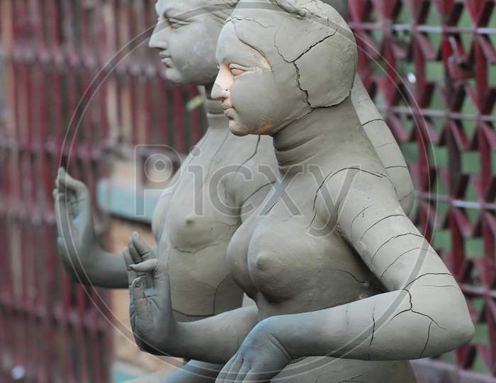Goddess Durga Idols In Making At Workshops For Dusera Or Durga Navrathri Festival  In Kumortuli, Kolkata