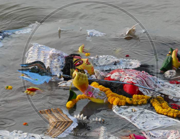 Indian Hindu Goddess Statue drowning in the River after Navratri