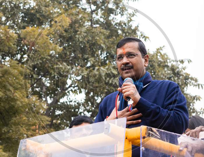 Arvind Kejriwal, national convener of the Aam Aadmi Party AAP, addressing people during a campaign for Delhi Assembly Election 2020