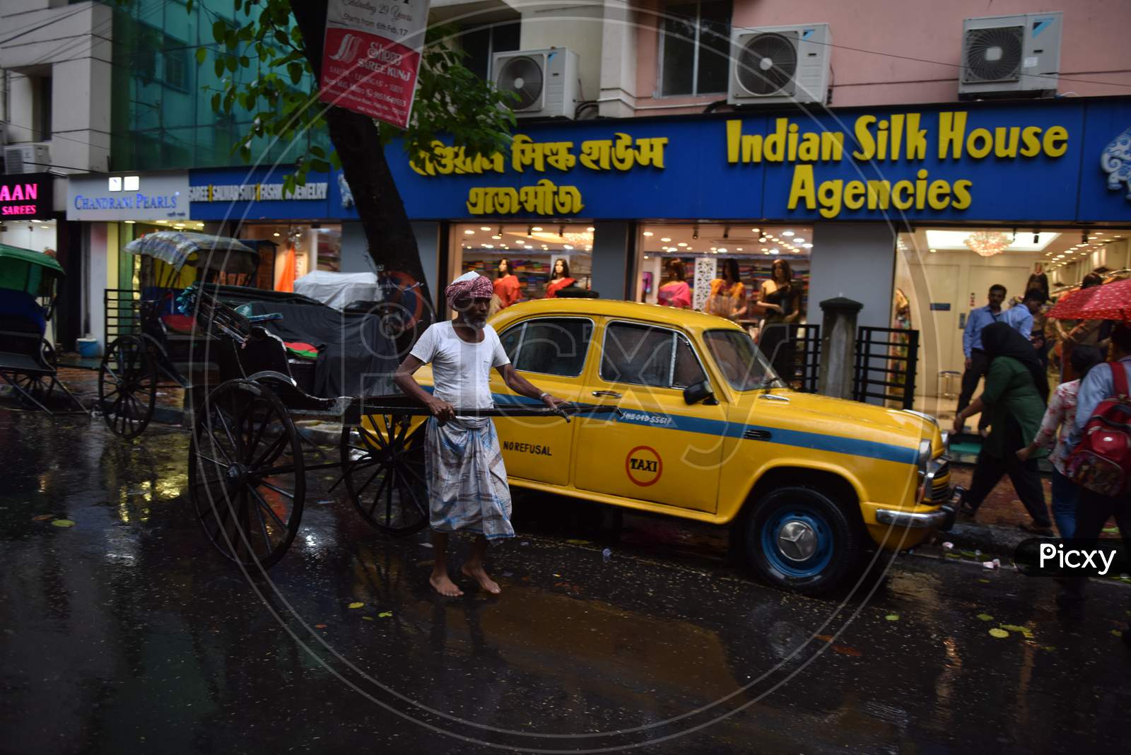 Indian Man pulling hand rickshaw in the rain