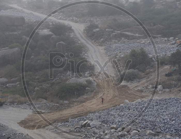 Pathway To Stone Crusher In Kajaguda With Piles Of Stones