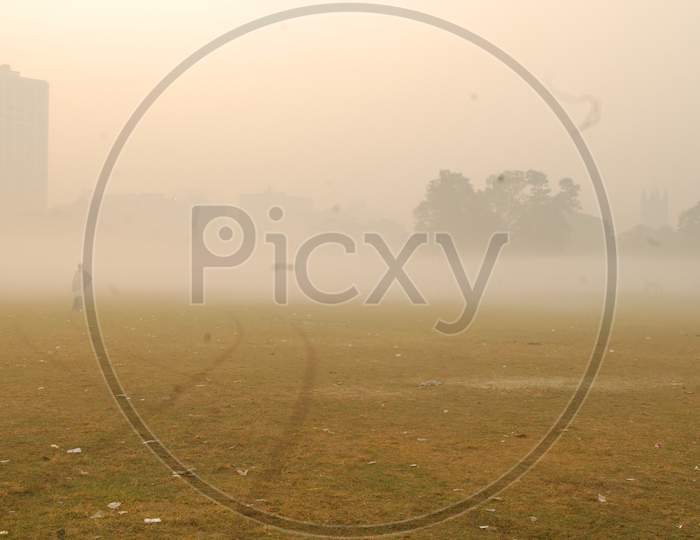 Green lawn during foggy morning