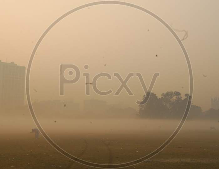 Indian man during heavy fog in the ground