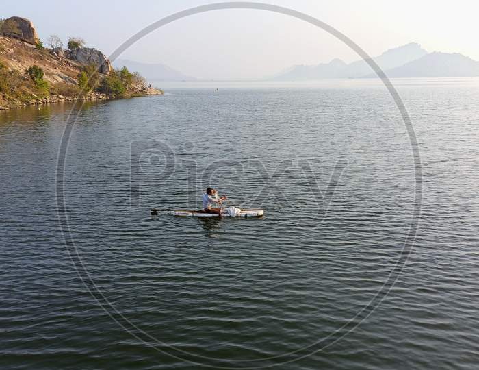 Fisherman at Koilsagar Project Reservoir Mahabubnagar Telangana India