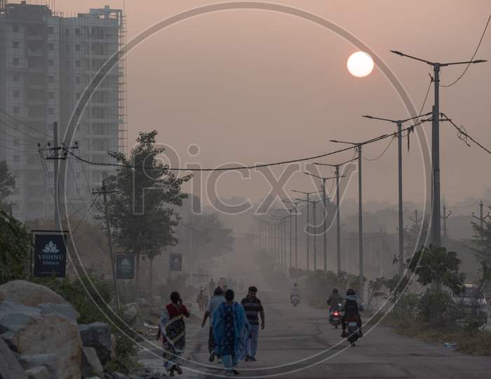 Morning Walkers  On Kaithalapur Road  In an Winter Morning