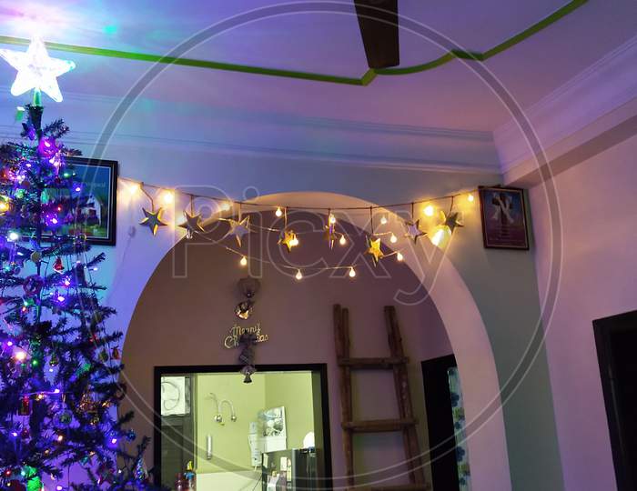 Led Lights Decoration To Houses On Christmas Eve