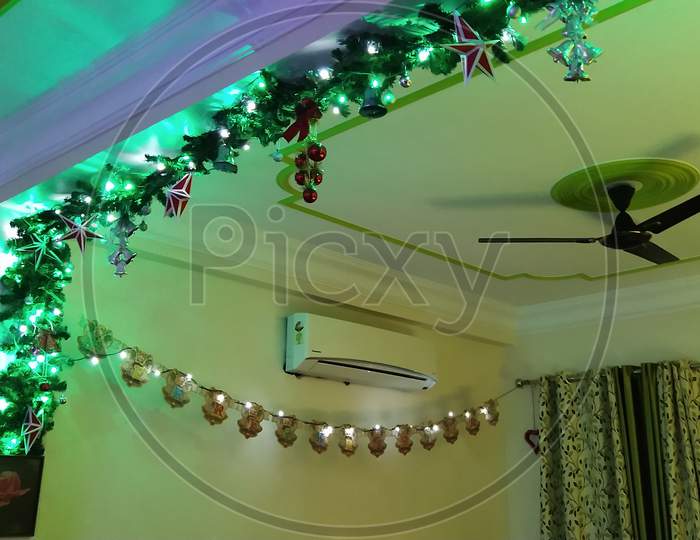 Led Lights Decoration To Houses On Christmas Eve