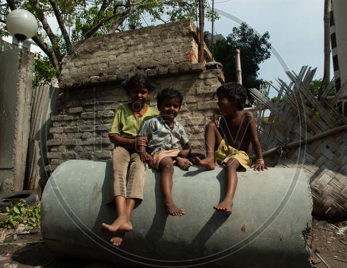 Indian Children Playing  On The Streets Of Rural Villages