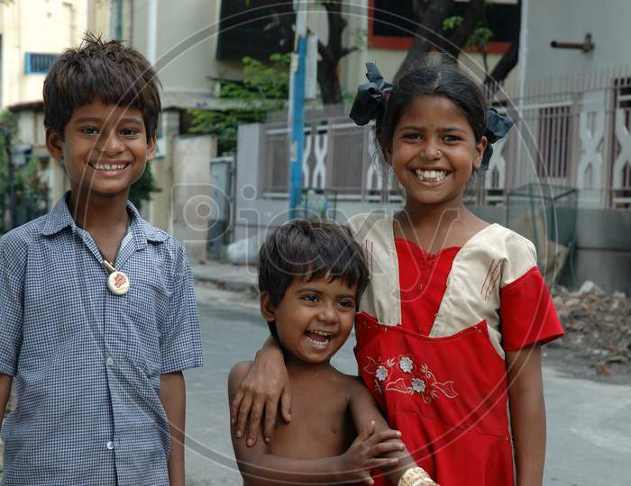 Happy  Indian Children  With Smile Faces On Kolkata  Streets